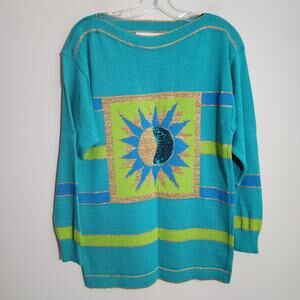 Vintage Chelsea celestial sun pattern sequin metallic striped‎ sweater woman S